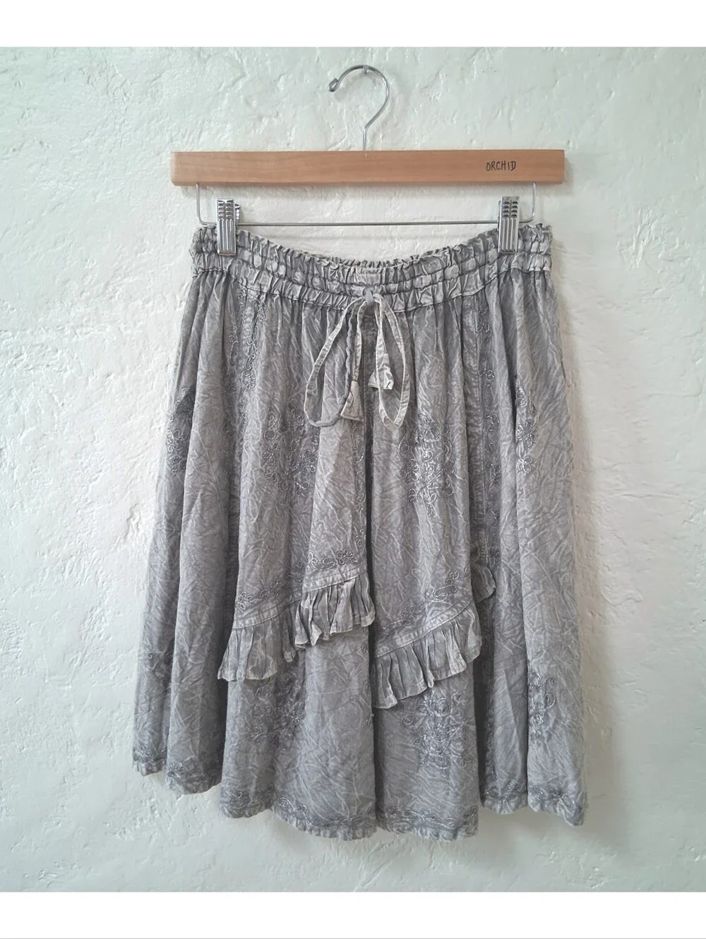 WHIMSIGOTH Fairycore Gray Crinkle Rayon Ruffle Mini Skirt Vintage Boho